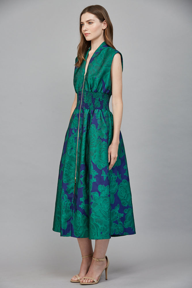 Fate Bold Green & Blue Floral Jacquard Midi Dress with Zip Front-Midi Dresses-Fate-Deja Nu Boutique, Women's Fashion Boutique in Lampasas, Texas