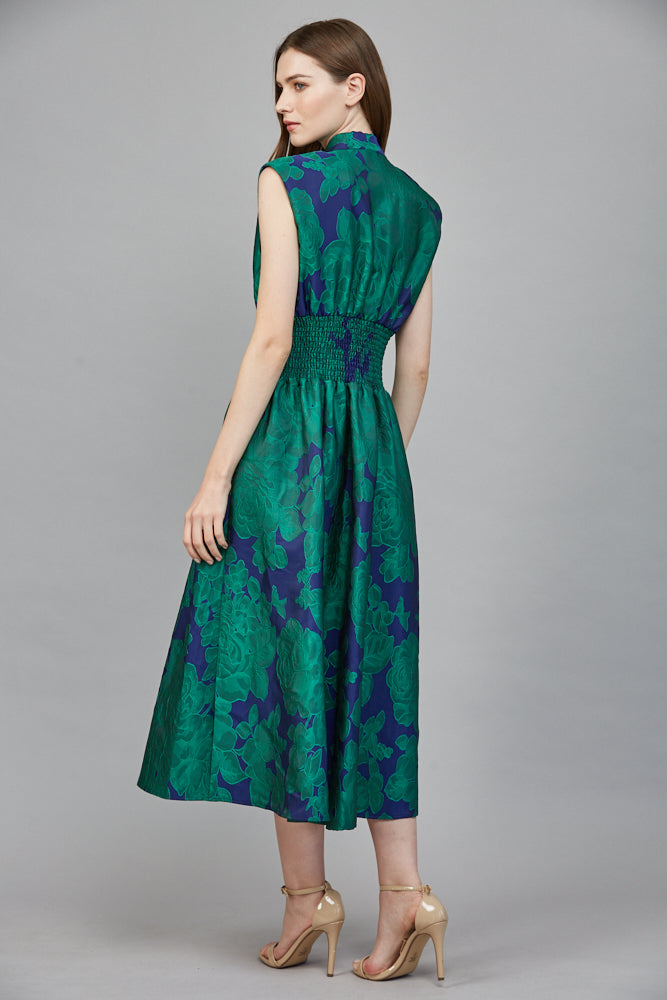 Fate Bold Green & Blue Floral Jacquard Midi Dress with Zip Front-Midi Dresses-Fate-Deja Nu Boutique, Women's Fashion Boutique in Lampasas, Texas