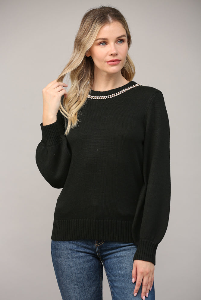 Fate Chain Trimmed Open Back Sweater In Black-Sweaters-Fate-Deja Nu Boutique, Women's Fashion Boutique in Lampasas, Texas
