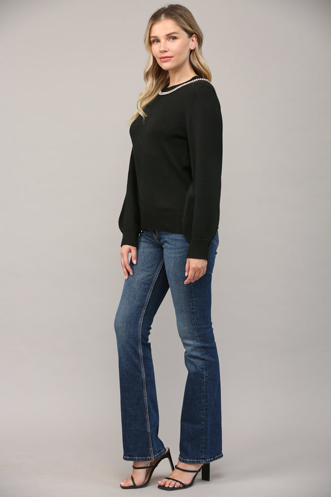 Fate Chain Trimmed Open Back Sweater In Black-Sweaters-Fate-Deja Nu Boutique, Women's Fashion Boutique in Lampasas, Texas
