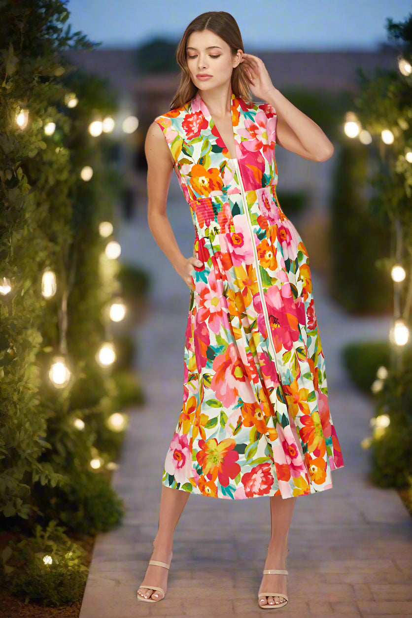 Fate Floral Zip Front Sleeveless Midi Dress – Ivory Multi-Dresses-Fate-Deja Nu Boutique, Women's Fashion Boutique in Lampasas, Texas