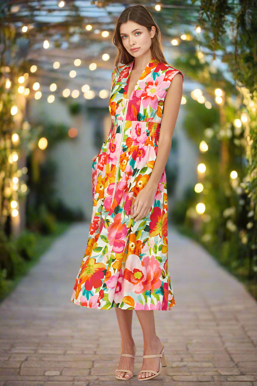 Fate Floral Zip Front Sleeveless Midi Dress – Ivory Multi-Dresses-Fate-Deja Nu Boutique, Women's Fashion Boutique in Lampasas, Texas