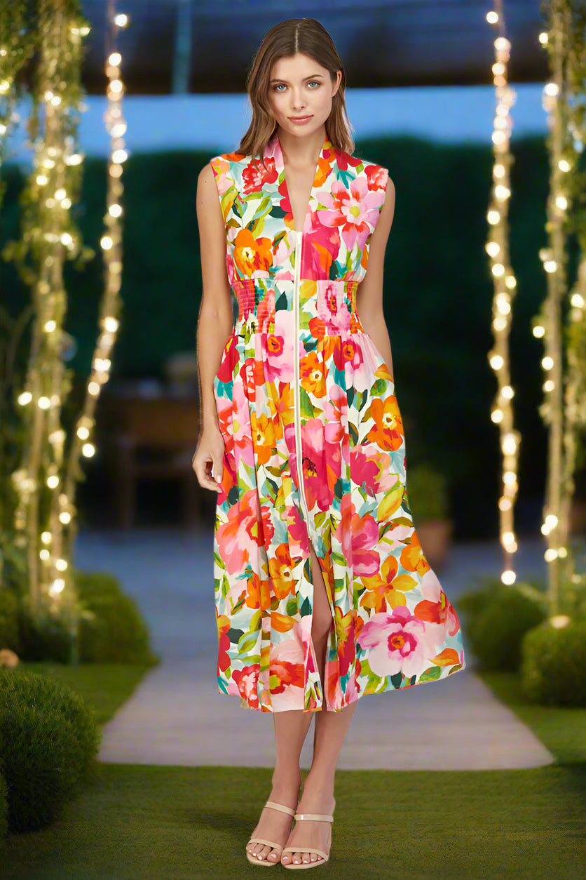 Fate Floral Zip Front Sleeveless Midi Dress – Ivory Multi-Dresses-Fate-Deja Nu Boutique, Women's Fashion Boutique in Lampasas, Texas
