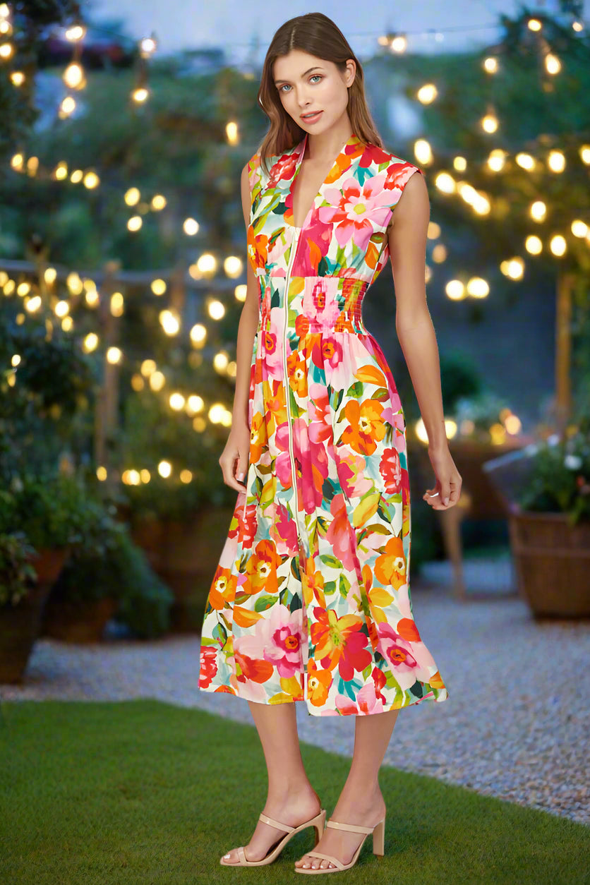 Fate Floral Zip Front Sleeveless Midi Dress – Ivory Multi-Dresses-Fate-Deja Nu Boutique, Women's Fashion Boutique in Lampasas, Texas