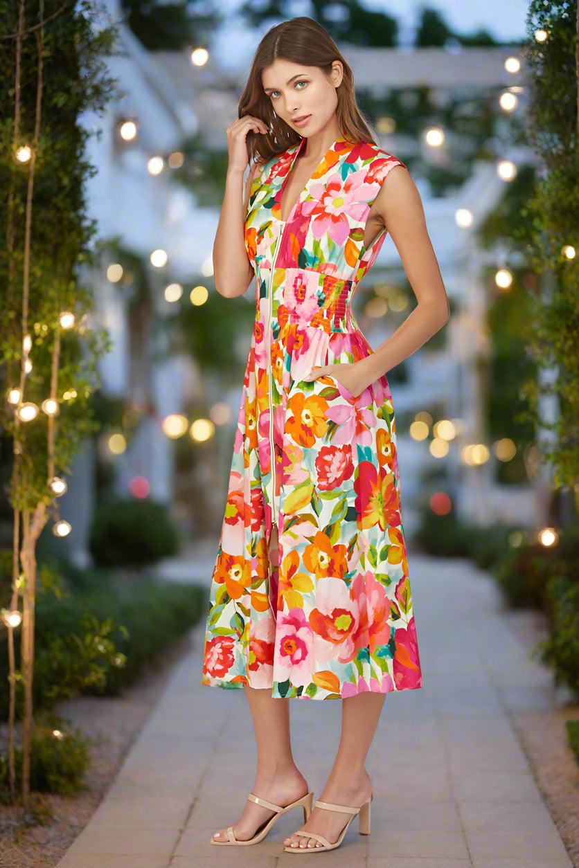 Fate Floral Zip Front Sleeveless Midi Dress – Ivory Multi-Dresses-Fate-Deja Nu Boutique, Women's Fashion Boutique in Lampasas, Texas