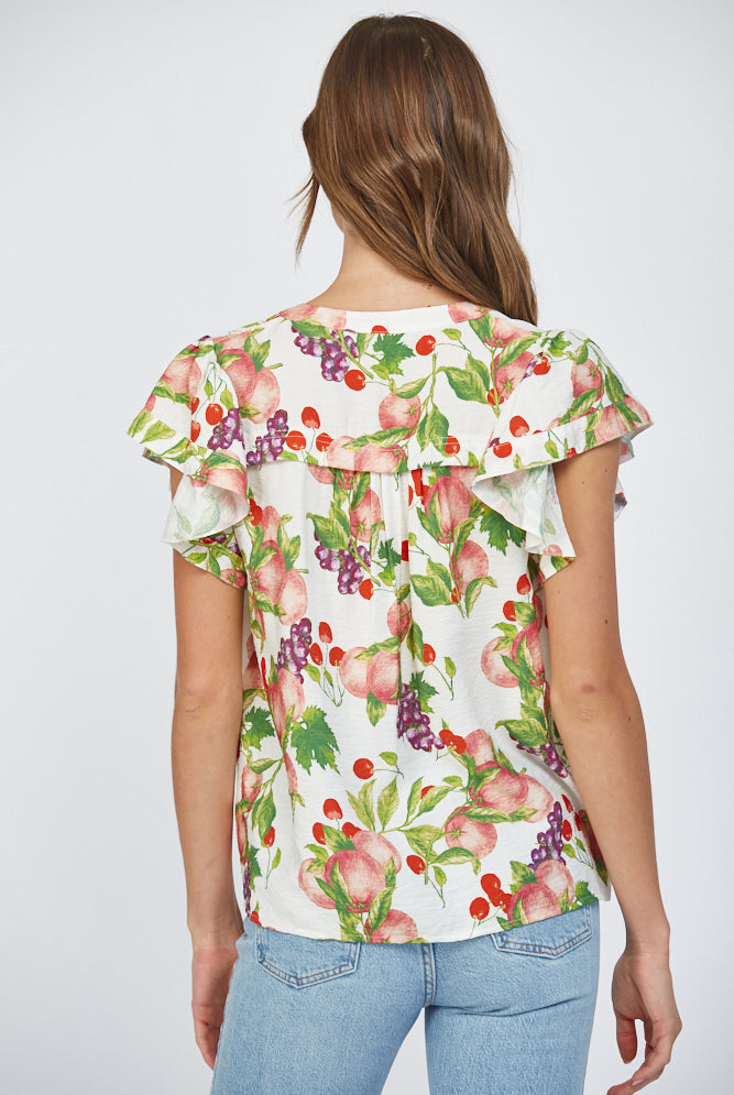 Fate Fruit Print Flutter Sleeve Split Neck Top – Cream Multi-Tops-Fate-Deja Nu Boutique, Women's Fashion Boutique in Lampasas, Texas