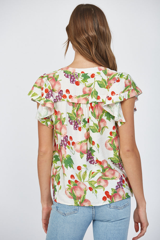 Fate Fruit Print Flutter Sleeve Split Neck Top – Cream Multi-Tops-Fate-Deja Nu Boutique, Women's Fashion Boutique in Lampasas, Texas