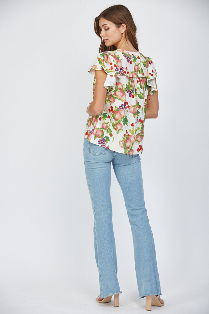 Fate Fruit Print Flutter Sleeve Split Neck Top – Cream Multi-Tops-Fate-Deja Nu Boutique, Women's Fashion Boutique in Lampasas, Texas