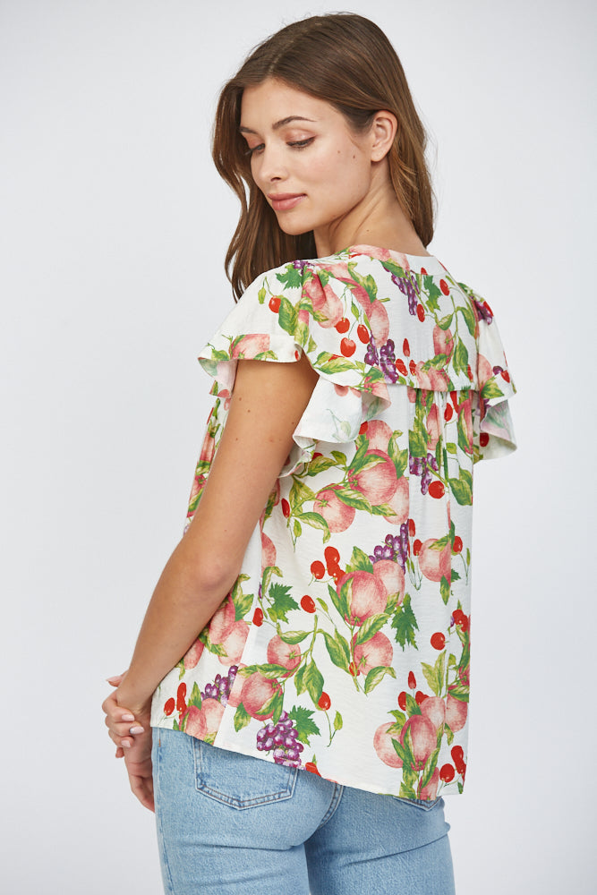 Fate Fruit Print Flutter Sleeve Split Neck Top – Cream Multi-Tops-Fate-Deja Nu Boutique, Women's Fashion Boutique in Lampasas, Texas