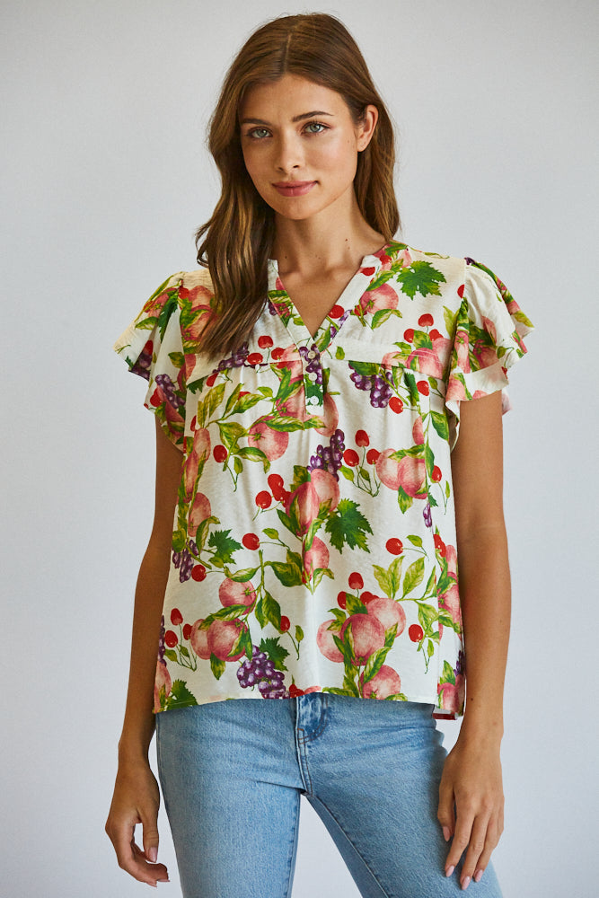 Fate Fruit Print Flutter Sleeve Split Neck Top – Cream Multi-Tops-Fate-Deja Nu Boutique, Women's Fashion Boutique in Lampasas, Texas
