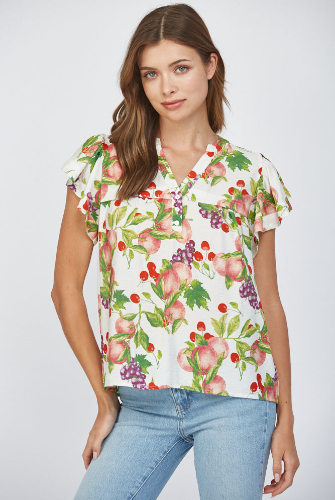 Fate Fruit Print Flutter Sleeve Split Neck Top – Cream Multi-Tops-Fate-Deja Nu Boutique, Women's Fashion Boutique in Lampasas, Texas