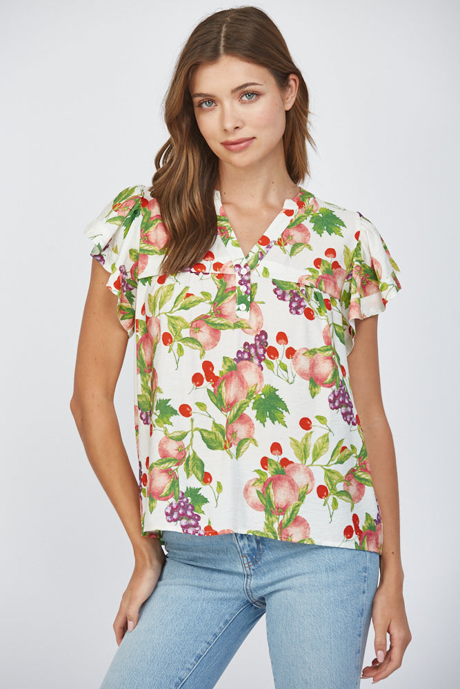 Fate Fruit Print Flutter Sleeve Split Neck Top – Cream Multi-Tops-Fate-Deja Nu Boutique, Women's Fashion Boutique in Lampasas, Texas