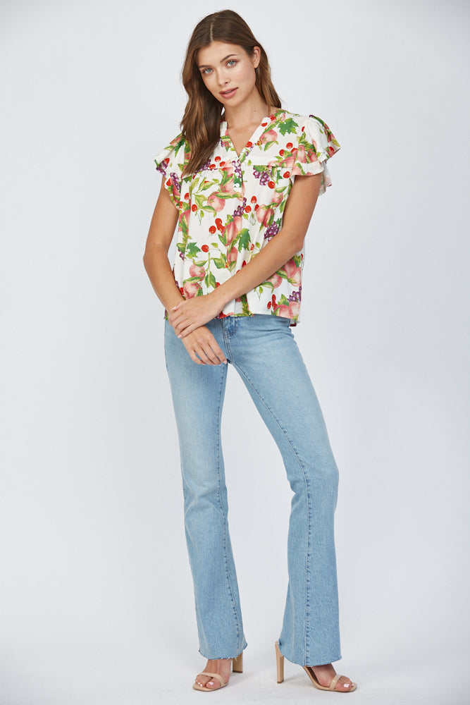 Fate Fruit Print Flutter Sleeve Split Neck Top – Cream Multi-Tops-Fate-Deja Nu Boutique, Women's Fashion Boutique in Lampasas, Texas