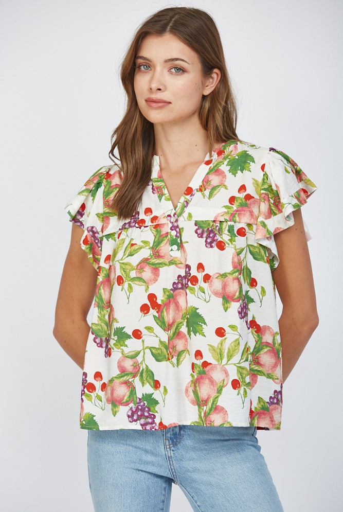 Fate Fruit Print Flutter Sleeve Split Neck Top – Cream Multi-Tops-Fate-Deja Nu Boutique, Women's Fashion Boutique in Lampasas, Texas