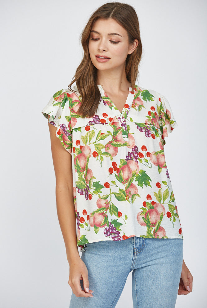 Fate Fruit Print Flutter Sleeve Split Neck Top – Cream Multi-Tops-Fate-Deja Nu Boutique, Women's Fashion Boutique in Lampasas, Texas