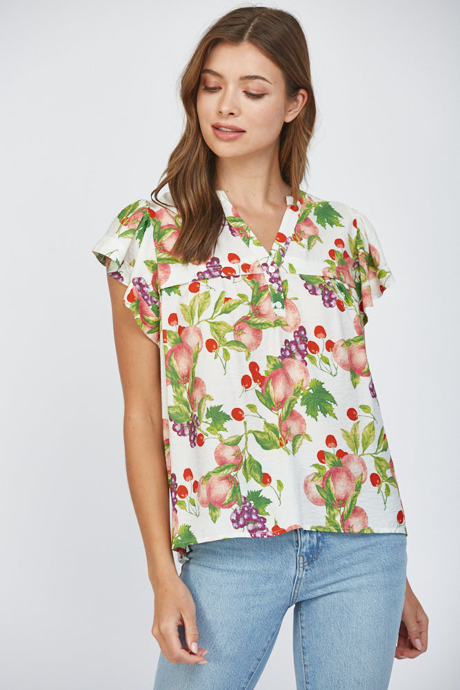 Fate Fruit Print Flutter Sleeve Split Neck Top – Cream Multi-Tops-Fate-Deja Nu Boutique, Women's Fashion Boutique in Lampasas, Texas
