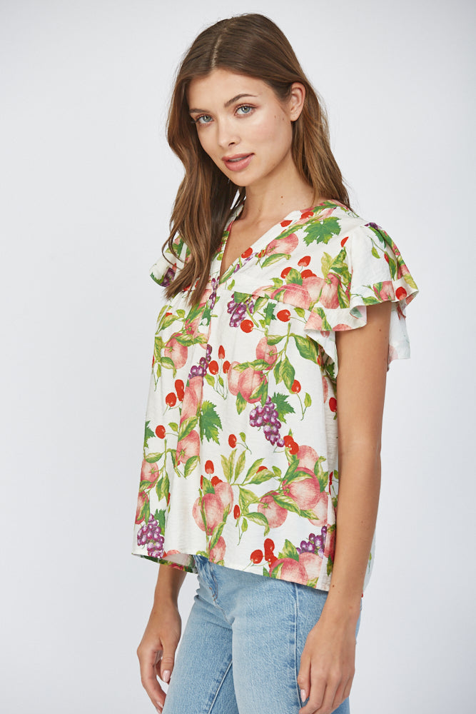 Fate Fruit Print Flutter Sleeve Split Neck Top – Cream Multi-Tops-Fate-Deja Nu Boutique, Women's Fashion Boutique in Lampasas, Texas