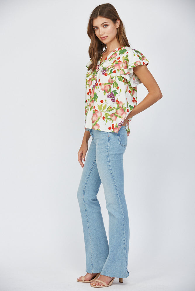 Fate Fruit Print Flutter Sleeve Split Neck Top – Cream Multi-Tops-Fate-Deja Nu Boutique, Women's Fashion Boutique in Lampasas, Texas
