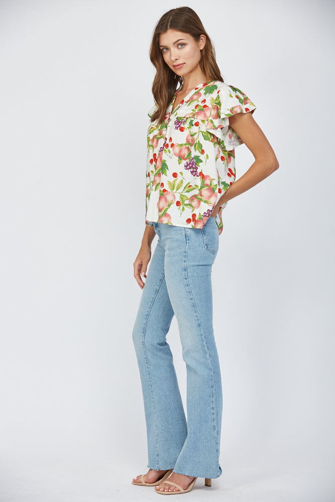 Fate Fruit Print Flutter Sleeve Split Neck Top – Cream Multi-Tops-Fate-Deja Nu Boutique, Women's Fashion Boutique in Lampasas, Texas