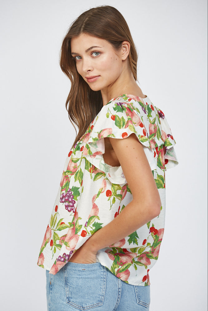 Fate Fruit Print Flutter Sleeve Split Neck Top – Cream Multi-Tops-Fate-Deja Nu Boutique, Women's Fashion Boutique in Lampasas, Texas