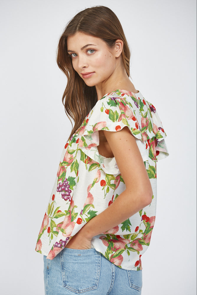 Fate Fruit Print Flutter Sleeve Split Neck Top – Cream Multi-Tops-Fate-Deja Nu Boutique, Women's Fashion Boutique in Lampasas, Texas