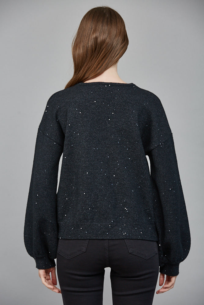 Fate Heather Black Rhinestone Bow Sequin Cardigan Sweater-Cardigans & Kimonos-Fate-Deja Nu Boutique, Women's Fashion Boutique in Lampasas, Texas