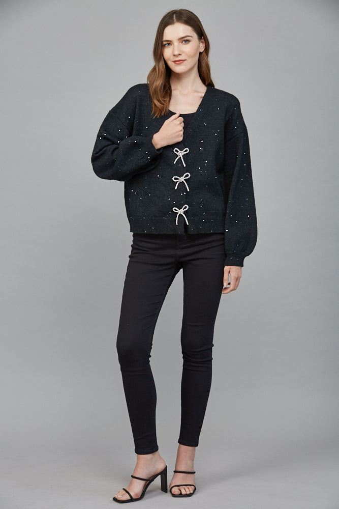Fate Heather Black Rhinestone Bow Sequin Cardigan Sweater-Cardigans & Kimonos-Fate-Deja Nu Boutique, Women's Fashion Boutique in Lampasas, Texas