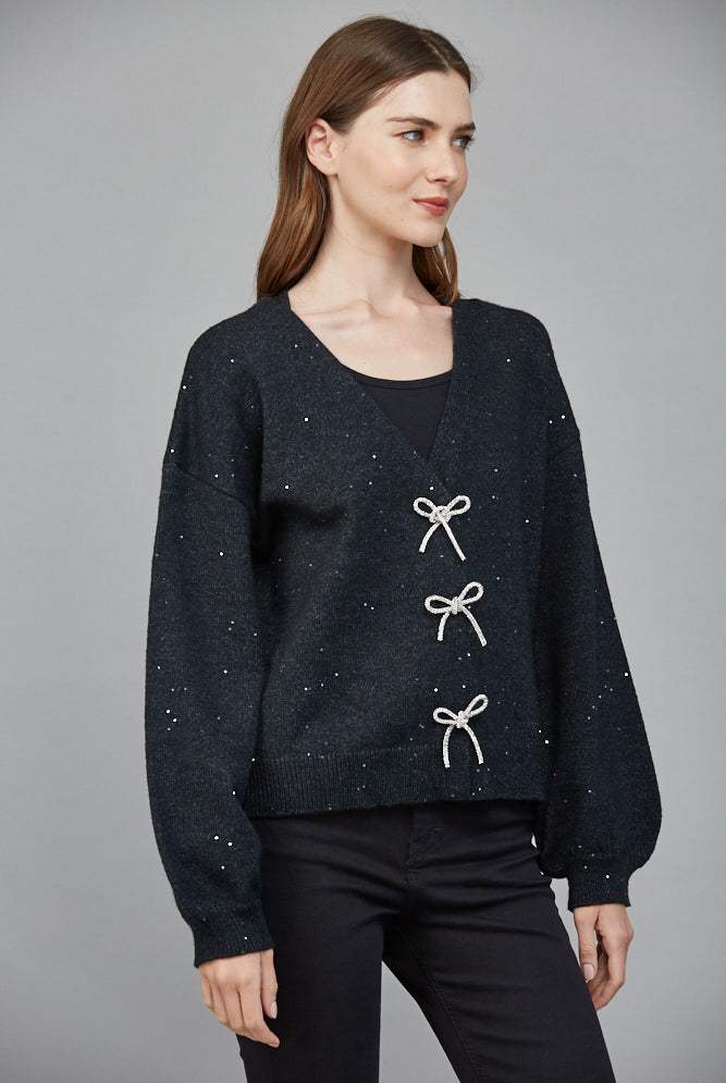 Fate Heather Black Rhinestone Bow Sequin Cardigan Sweater-Cardigans & Kimonos-Fate-Deja Nu Boutique, Women's Fashion Boutique in Lampasas, Texas