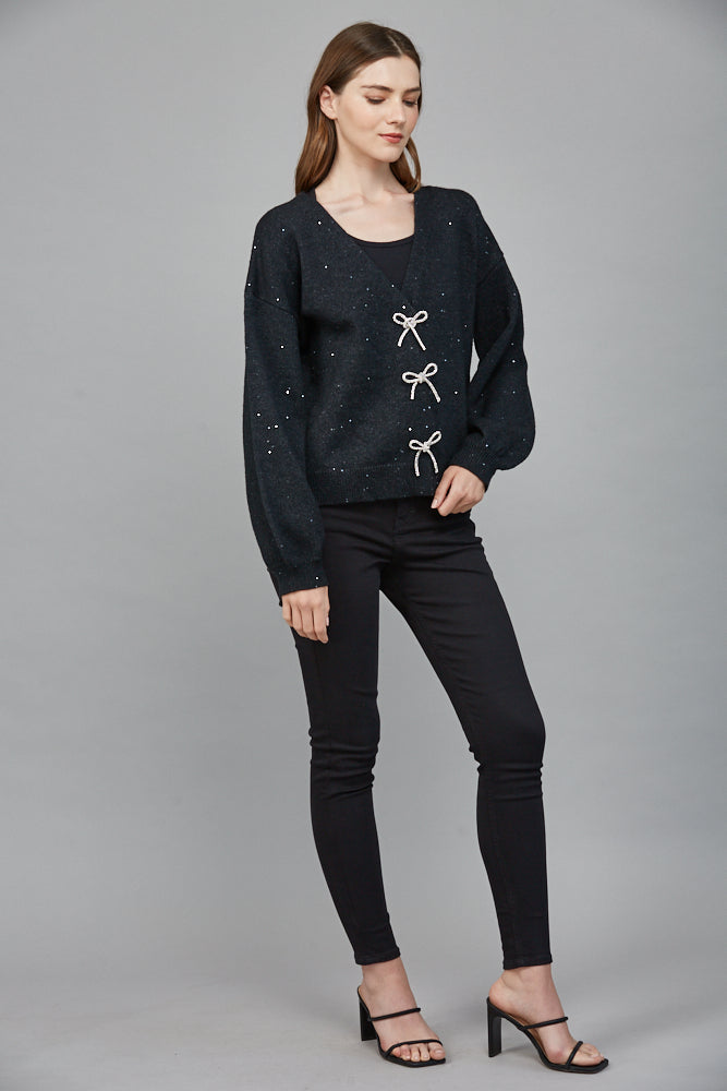 Fate Heather Black Rhinestone Bow Sequin Cardigan Sweater-Cardigans & Kimonos-Fate-Deja Nu Boutique, Women's Fashion Boutique in Lampasas, Texas