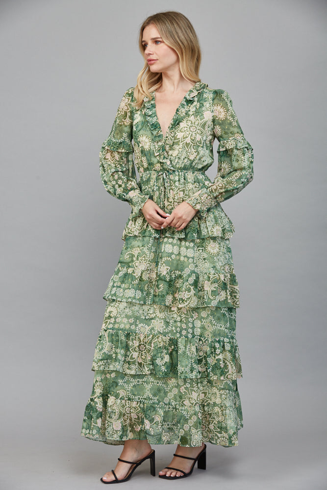 Fate Lurex Tiered Midi Dress in Green Multi-Maxi Dresses-Fate-Deja Nu Boutique, Women's Fashion Boutique in Lampasas, Texas