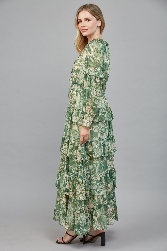 Fate Lurex Tiered Midi Dress in Green Multi-Maxi Dresses-Fate-Deja Nu Boutique, Women's Fashion Boutique in Lampasas, Texas