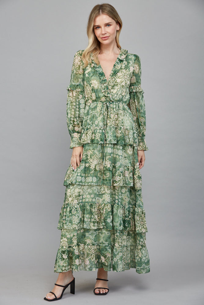 Fate Lurex Tiered Midi Dress in Green Multi-Maxi Dresses-Fate-Deja Nu Boutique, Women's Fashion Boutique in Lampasas, Texas