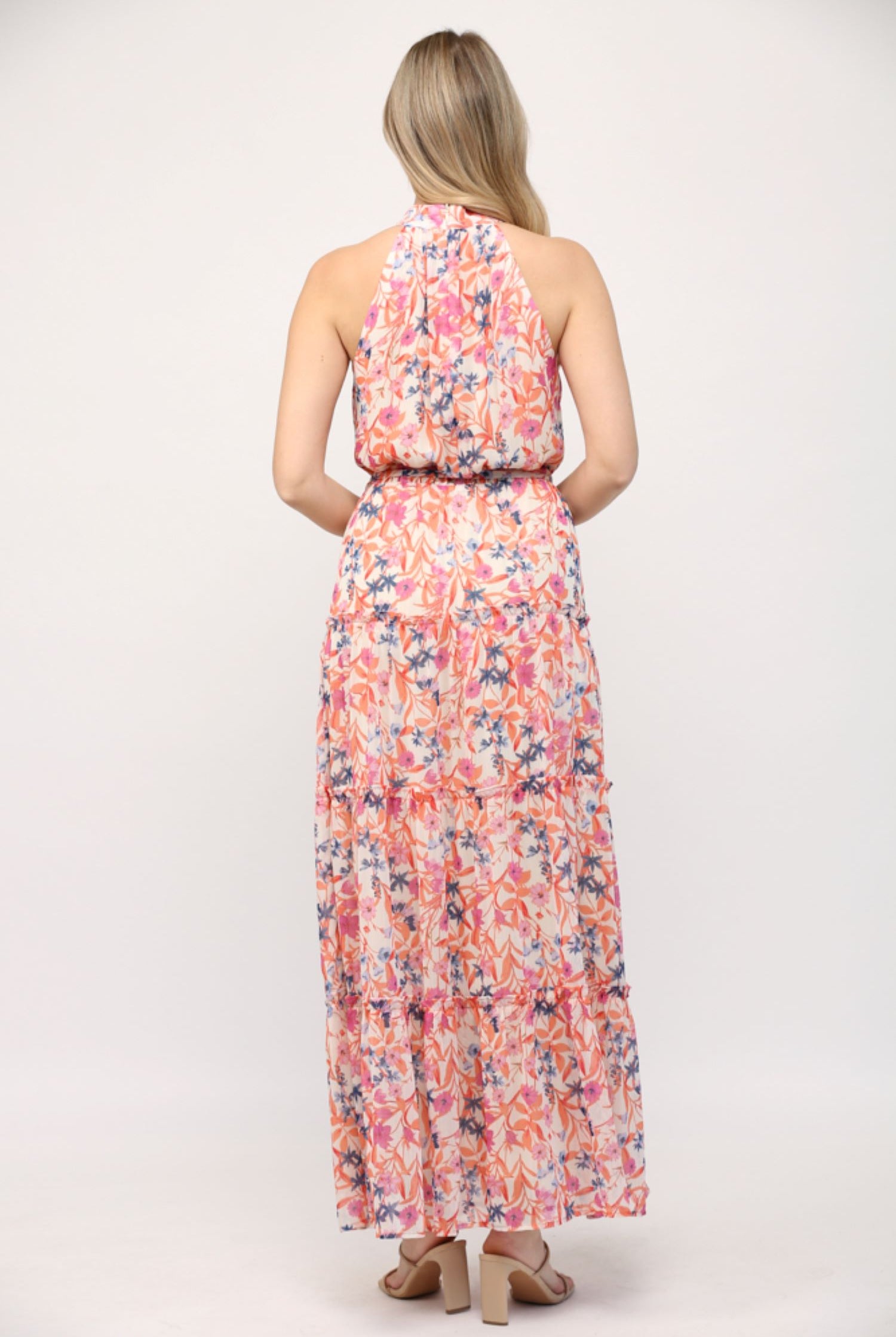 Fate Orange Multi Floral Keyhole Front Ruffle Hem Maxi Dress-Maxi Dresses-Fate-Deja Nu Boutique, Women's Fashion Boutique in Lampasas, Texas