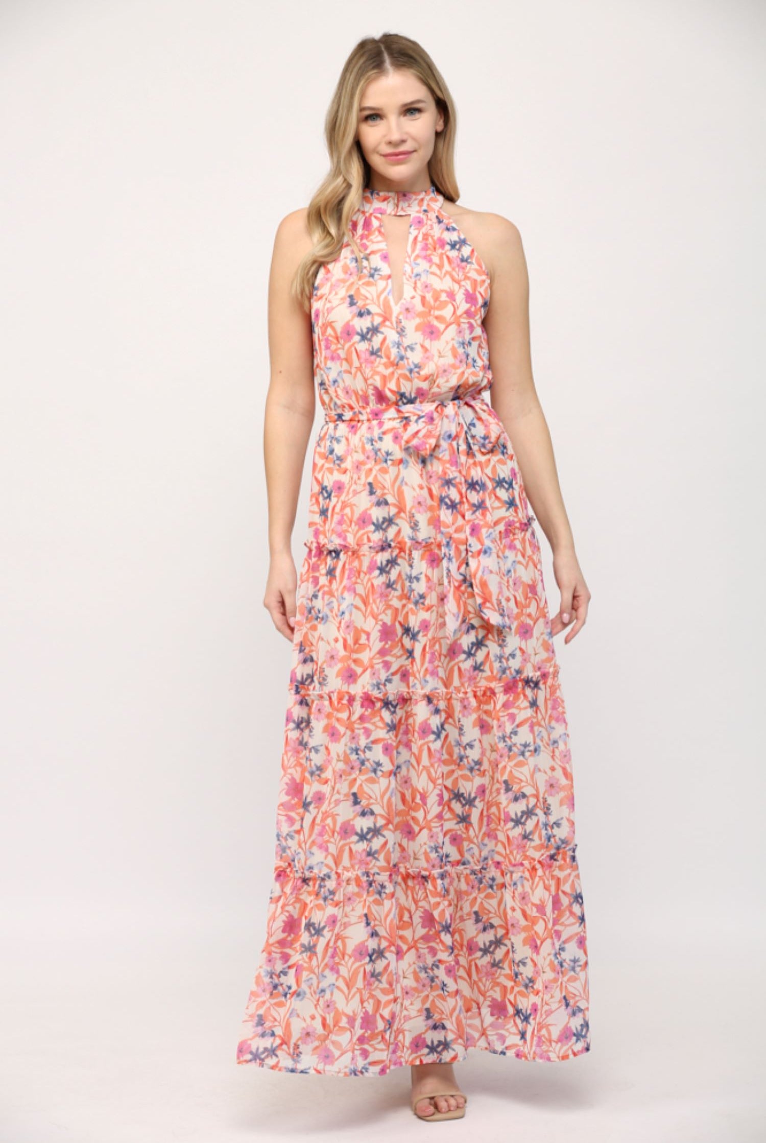 Fate Orange Multi Floral Keyhole Front Ruffle Hem Maxi Dress-Maxi Dresses-Fate-Deja Nu Boutique, Women's Fashion Boutique in Lampasas, Texas