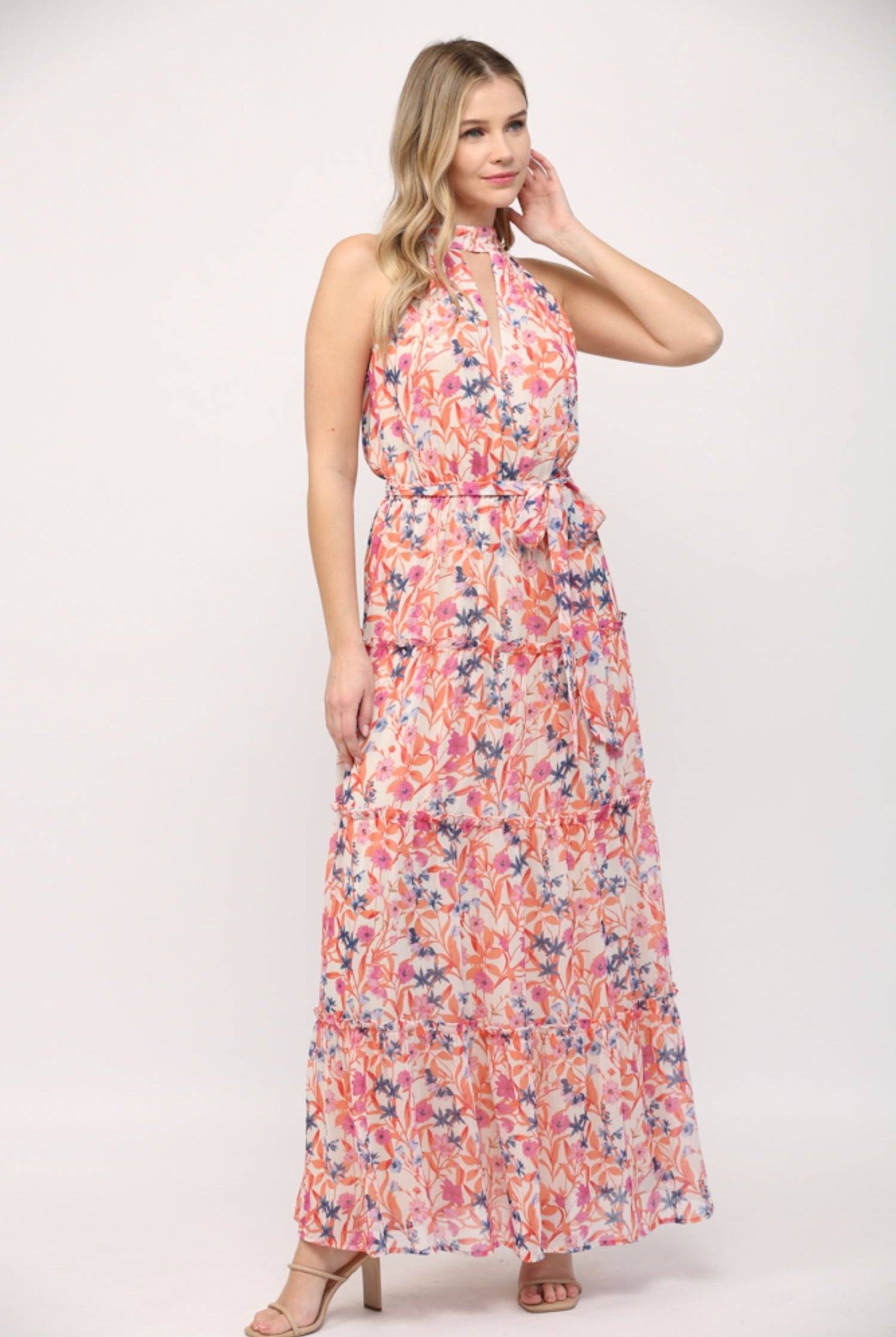 Fate Orange Multi Floral Keyhole Front Ruffle Hem Maxi Dress-Maxi Dresses-Fate-Deja Nu Boutique, Women's Fashion Boutique in Lampasas, Texas