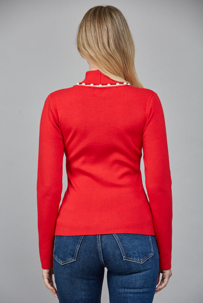 Fate Pearl Trim Red Turtleneck Sweater-Sweaters-Fate-Deja Nu Boutique, Women's Fashion Boutique in Lampasas, Texas