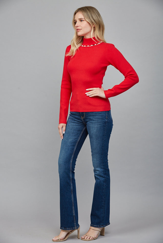Fate Pearl Trim Red Turtleneck Sweater-Sweaters-Fate-Deja Nu Boutique, Women's Fashion Boutique in Lampasas, Texas