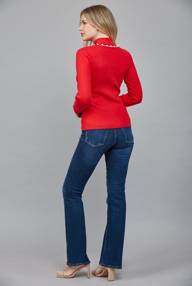 Fate Pearl Trim Red Turtleneck Sweater-Sweaters-Fate-Deja Nu Boutique, Women's Fashion Boutique in Lampasas, Texas
