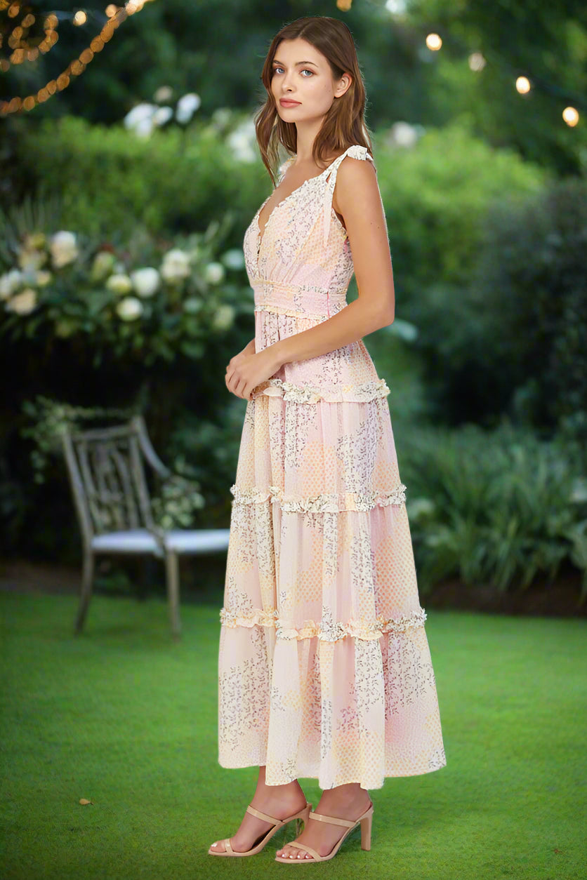 Fate Tiered Maxi Dress with Tie Straps – Yellow Multi Floral Patchwork-Maxi Dresses-Fate-Deja Nu Boutique, Women's Fashion Boutique in Lampasas, Texas