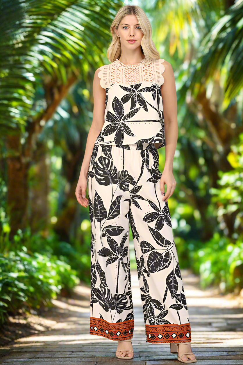 Fate Tropical Print Linen Blend Crop Top – Taupe Multi-Tops-Fate-Deja Nu Boutique, Women's Fashion Boutique in Lampasas, Texas