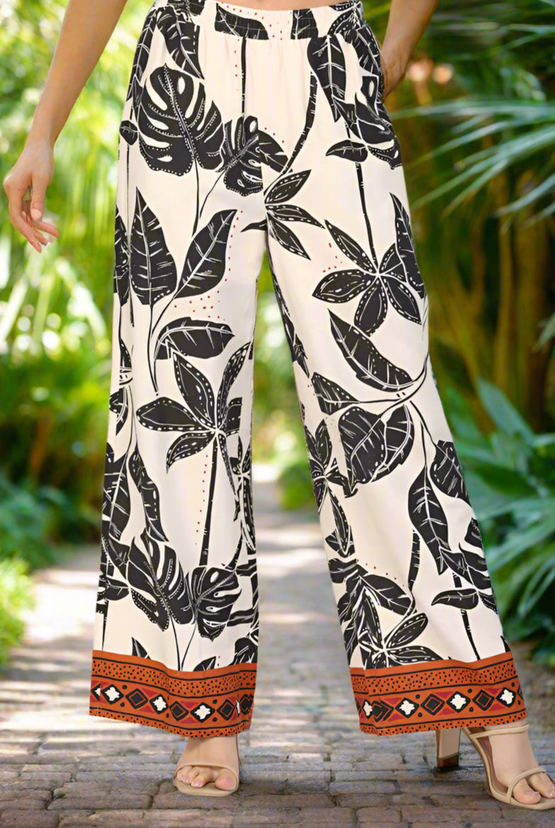 🌿 Fate Tropical Print Linen Blend Pants – Taupe Multi-Pants-Fate-Deja Nu Boutique, Women's Fashion Boutique in Lampasas, Texas