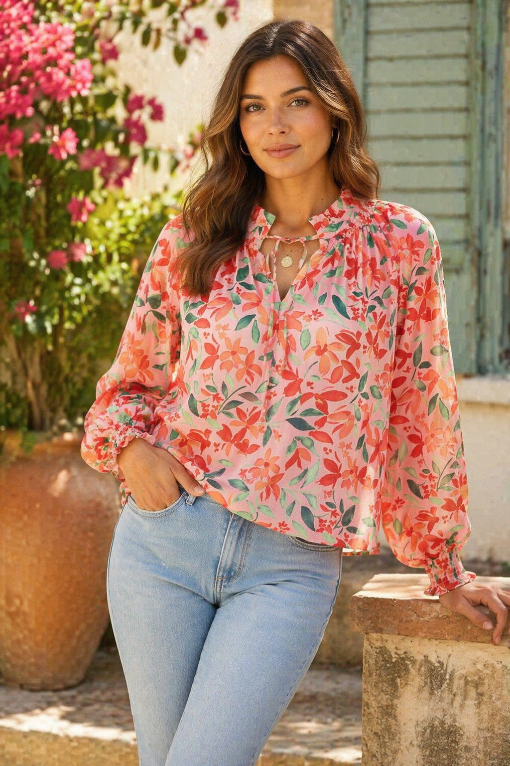 Fate Floral Print Chiffon Ruffled Collar Tie Neck Blouse Pink Multi-Tops-Fate-Deja Nu Boutique, Women's Fashion Boutique in Lampasas, Texas