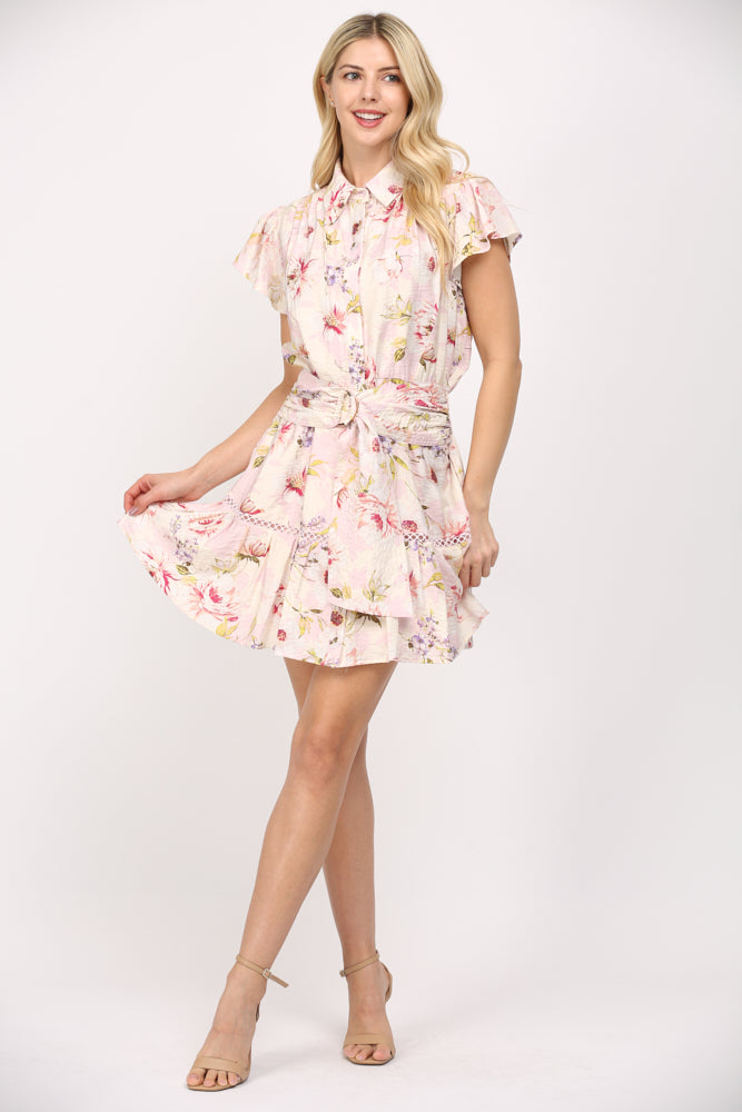 Fate Pink Multi Floral Belted Mini Dress – Chic and Feminine Style-Short Dresses-Fate-Deja Nu Boutique, Women's Fashion Boutique in Lampasas, Texas