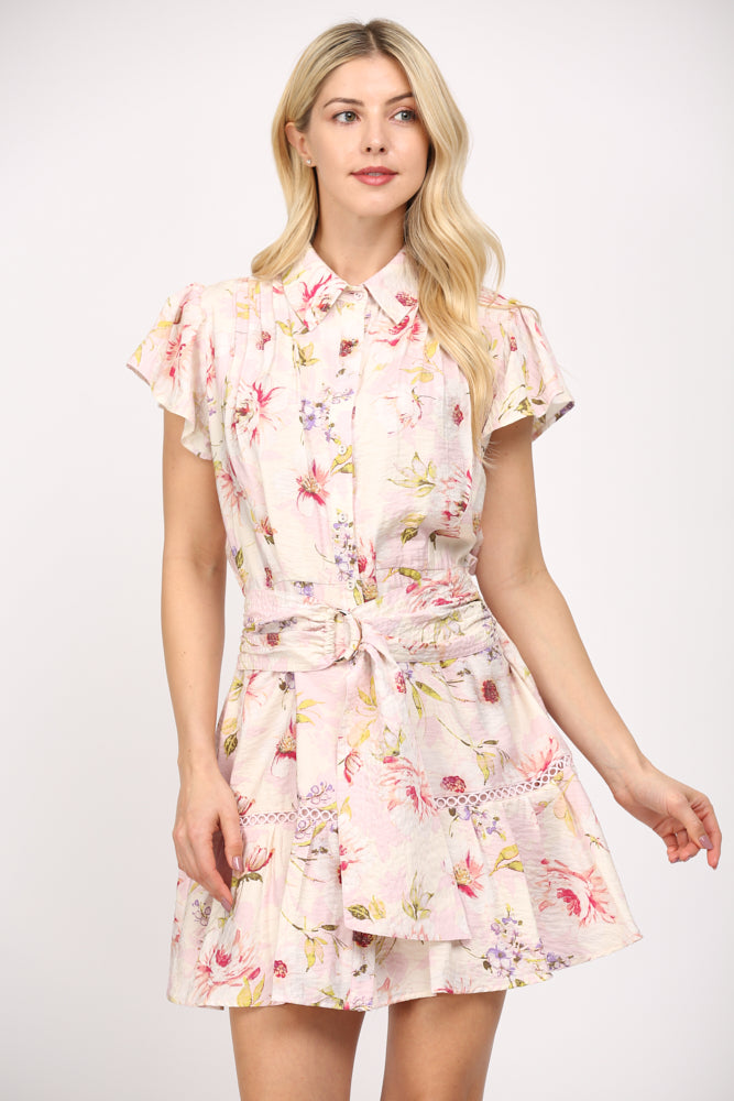 Fate Pink Multi Floral Belted Mini Dress – Chic and Feminine Style-Short Dresses-Fate-Deja Nu Boutique, Women's Fashion Boutique in Lampasas, Texas
