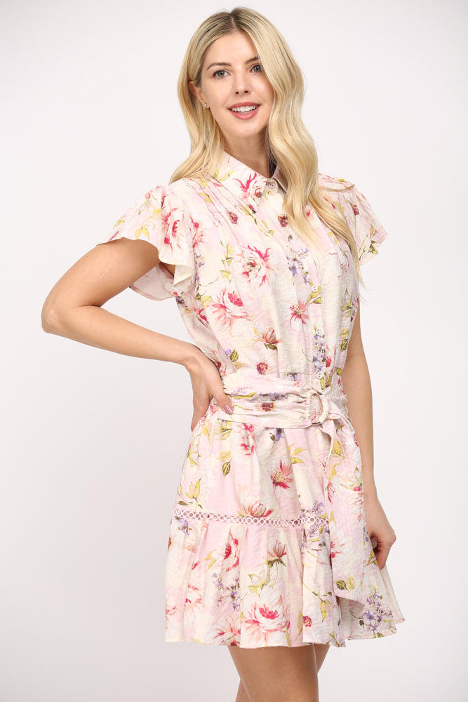 Fate Pink Multi Floral Belted Mini Dress – Chic and Feminine Style-Short Dresses-Fate-Deja Nu Boutique, Women's Fashion Boutique in Lampasas, Texas