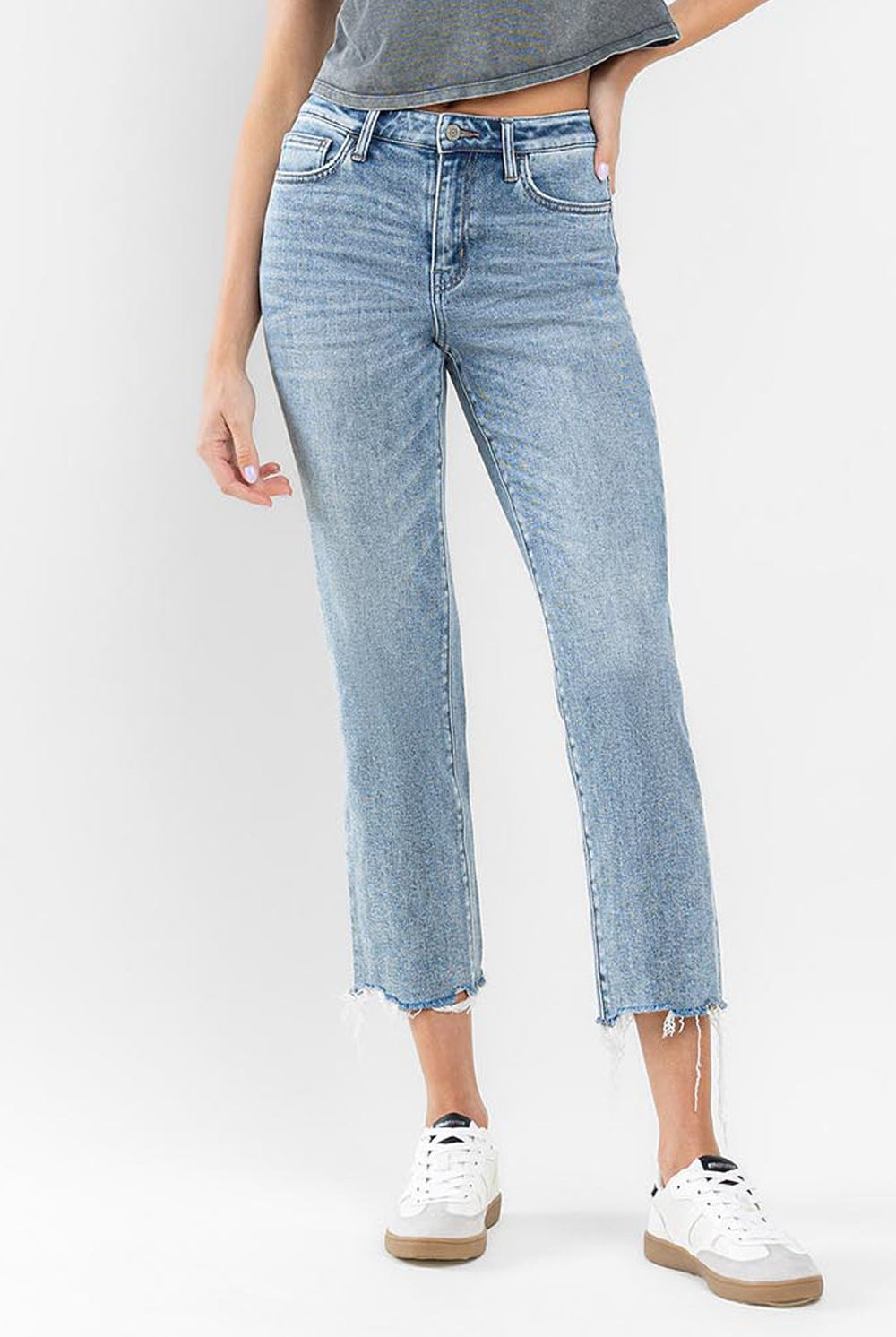 Flying Monkey Ergonomical - High Rise Cropped Distressed Hem Straight Jeans-Jeans-Flying Monkey-Deja Nu Boutique, Women's Fashion Boutique in Lampasas, Texas