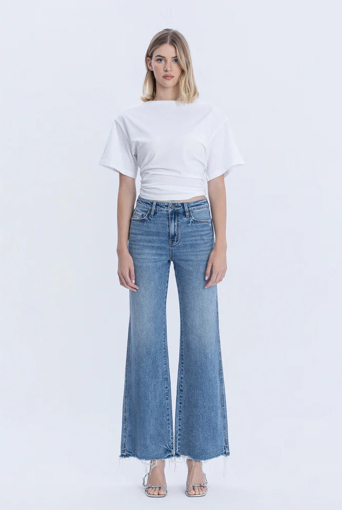 Flying Monkey High Rise Distressed Slit Hem Vintage Flare Jeans – Lively Wash-Jeans-Flying Monkey-Deja Nu Boutique, Women's Fashion Boutique in Lampasas, Texas