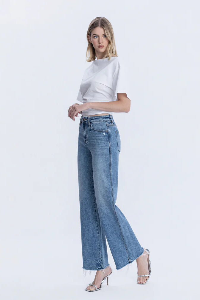 Flying Monkey High Rise Distressed Slit Hem Vintage Flare Jeans – Lively Wash-Jeans-Flying Monkey-Deja Nu Boutique, Women's Fashion Boutique in Lampasas, Texas