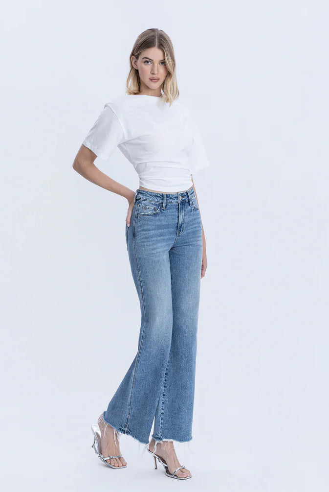 Flying Monkey High Rise Distressed Slit Hem Vintage Flare Jeans – Lively Wash-Jeans-Flying Monkey-Deja Nu Boutique, Women's Fashion Boutique in Lampasas, Texas