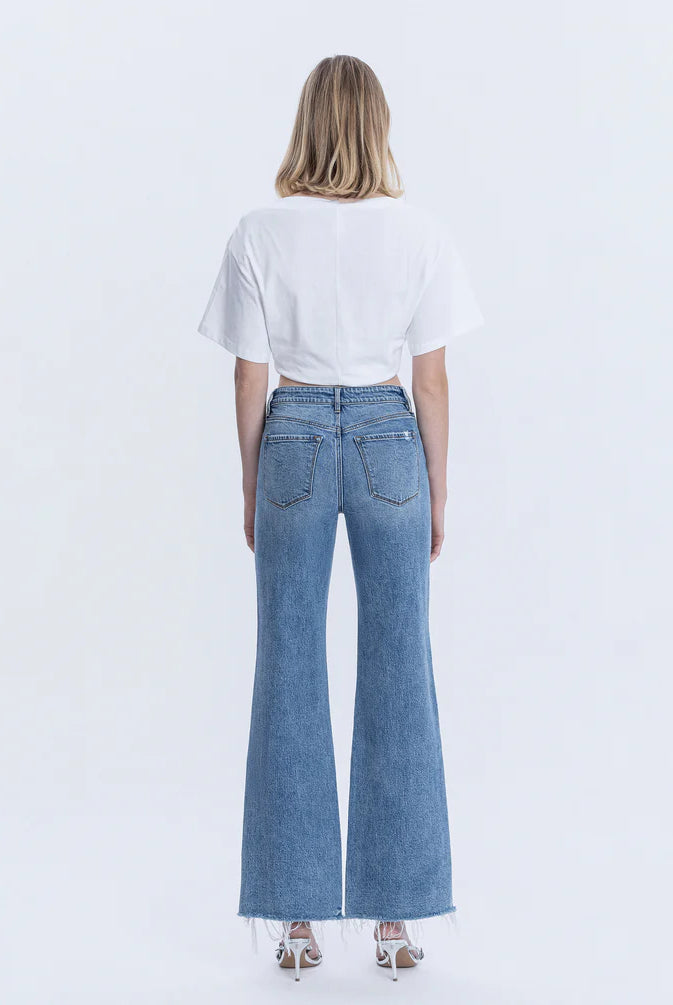 Flying Monkey High Rise Distressed Slit Hem Vintage Flare Jeans – Lively Wash-Jeans-Flying Monkey-Deja Nu Boutique, Women's Fashion Boutique in Lampasas, Texas